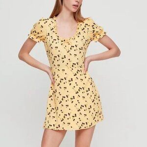 Aritzia Sunday Best Cher Mini Dress with Yellow Cherry Print, Short Puff Sleeves